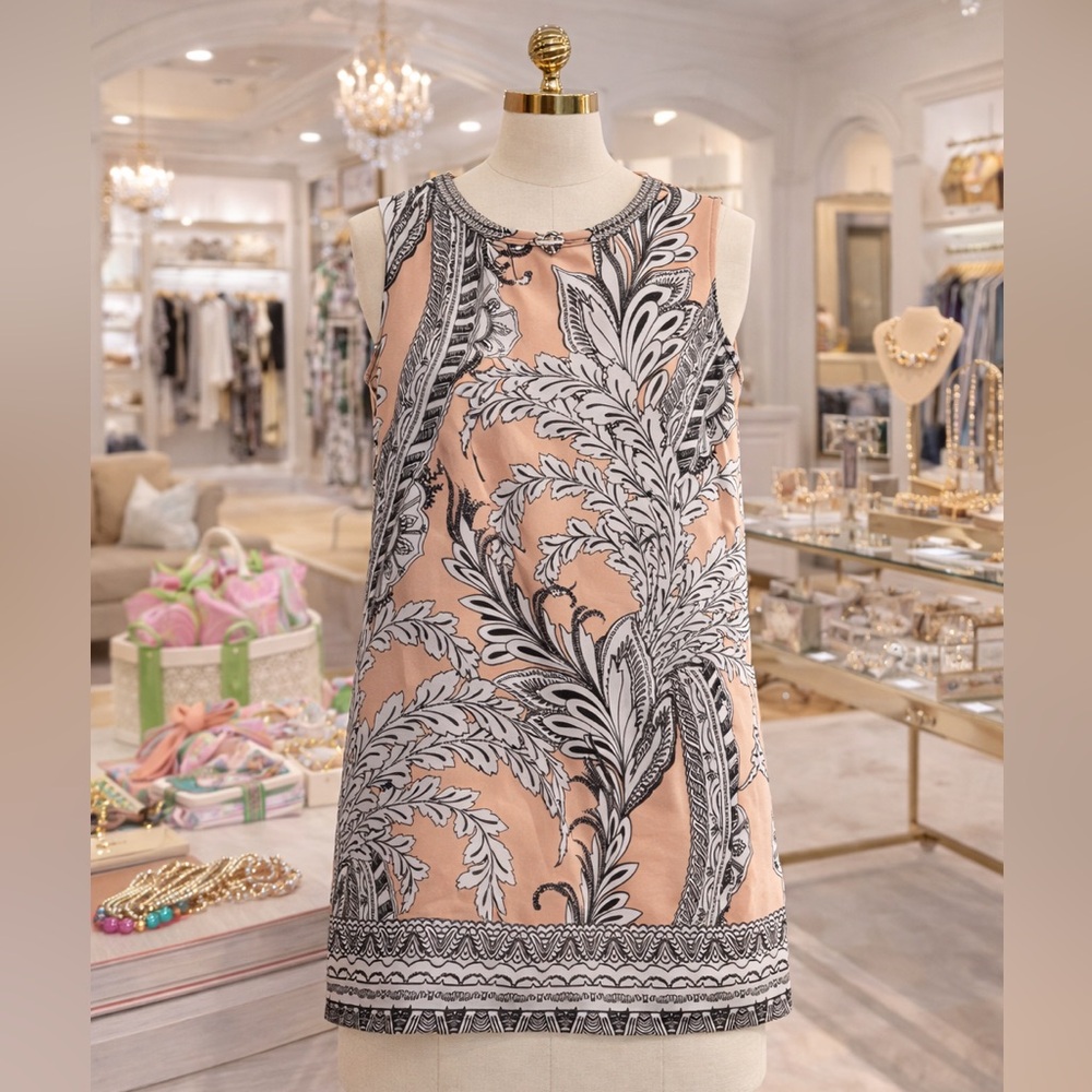 Alfani Sleeveless Patterned Mini Dress in Black and salmon pink
